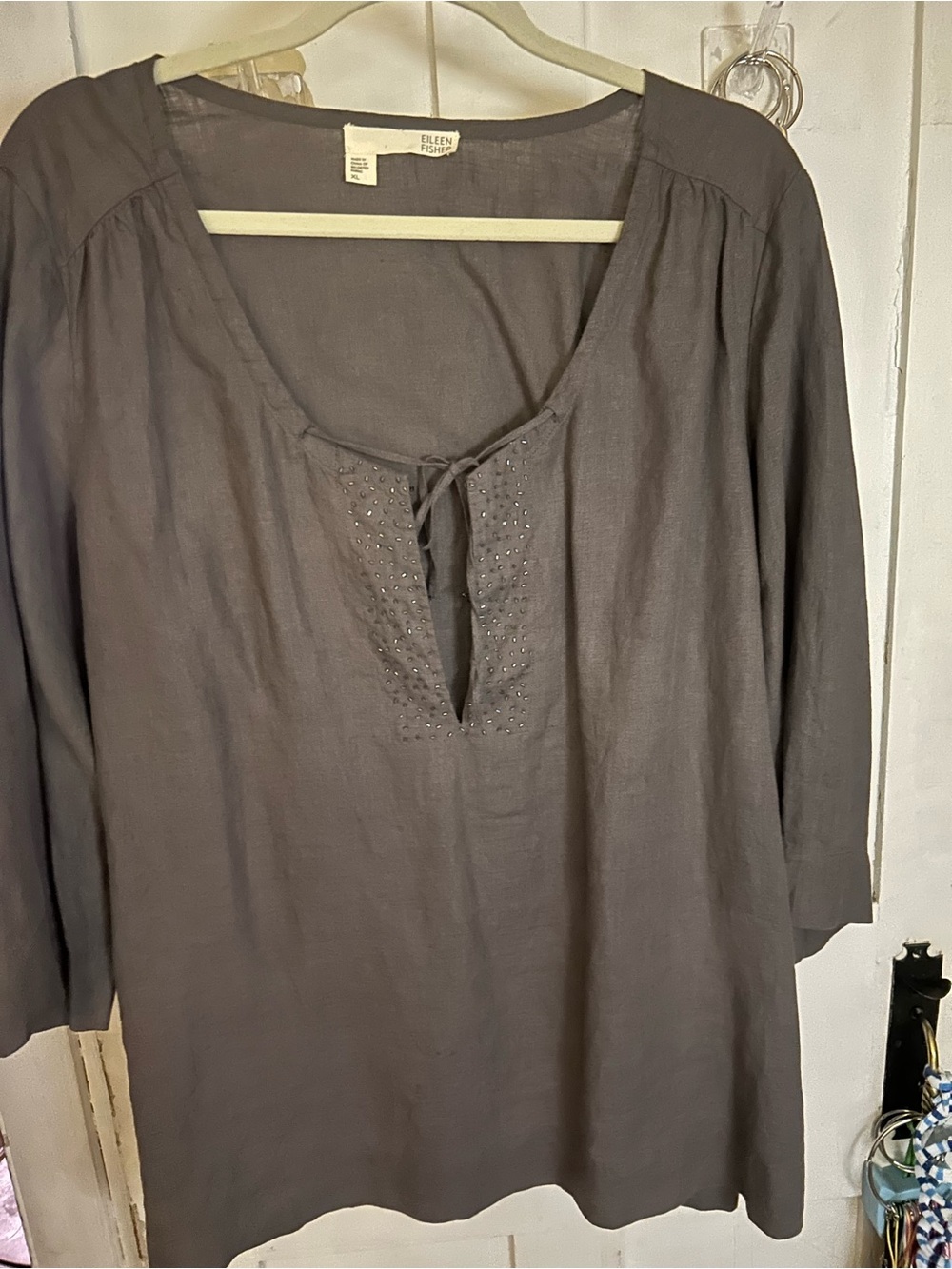 Eileen Fisher Charcoal Scoop-Neck Linen top with Beaded Placket